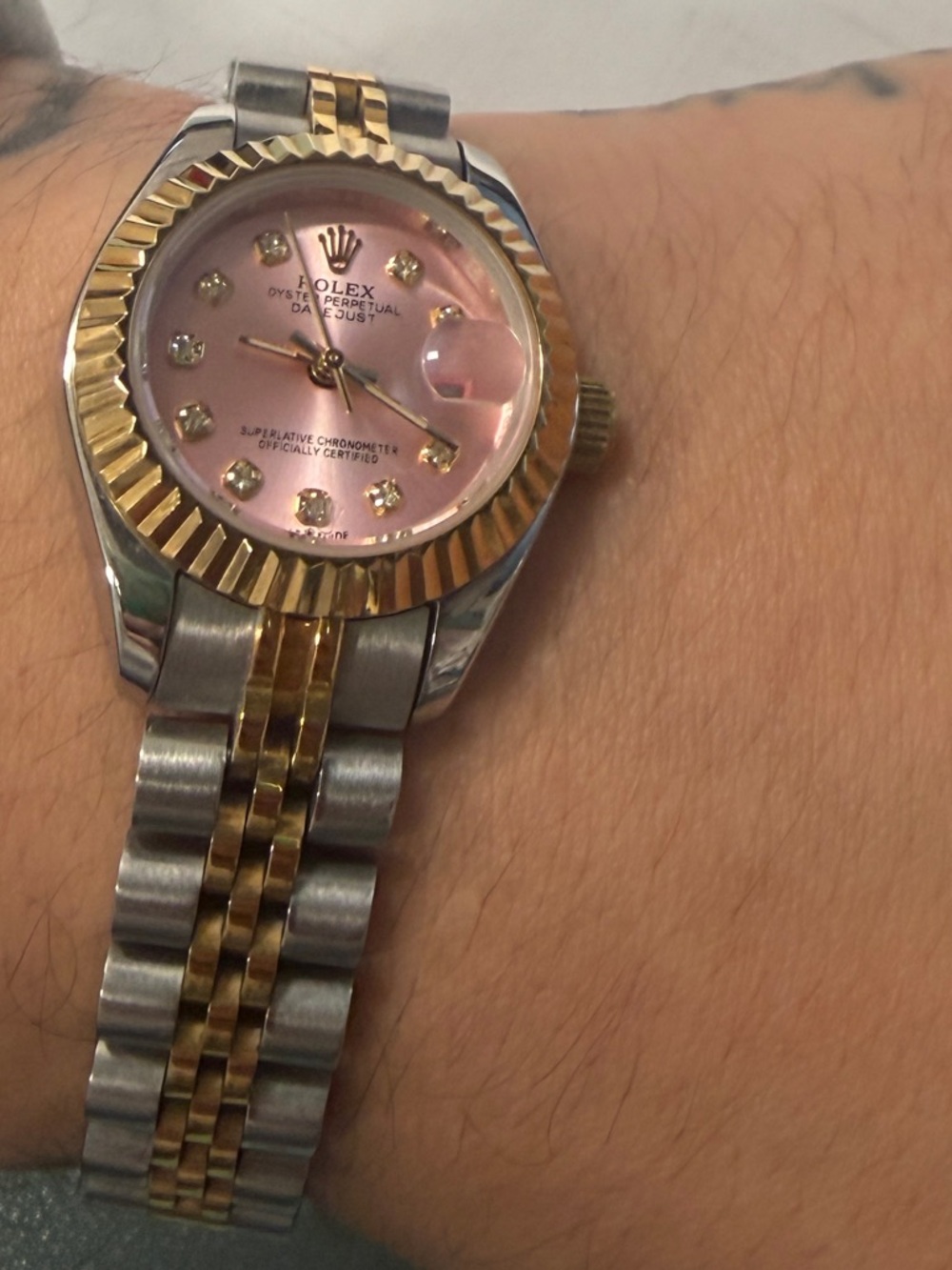 Two-Tone Gold & Silver Watch with Pink Dial